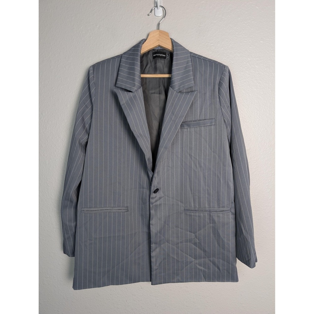 Pretty Little Thing Blazer Womens 2 Gray Pinstripe Polyester Lined One Button